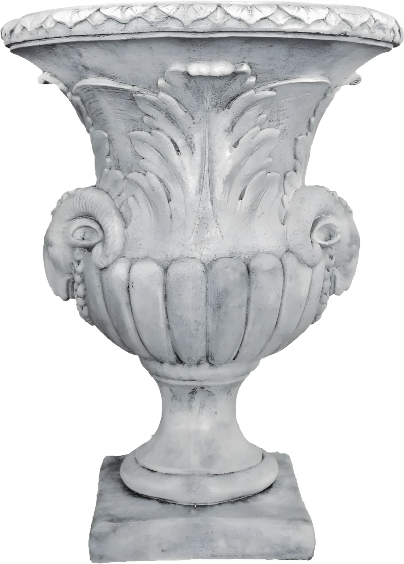 2031 Copa clásica Vera de piedra artificial con relieve de cabezas de carnero, hojas de acanto y base cuadrada.
