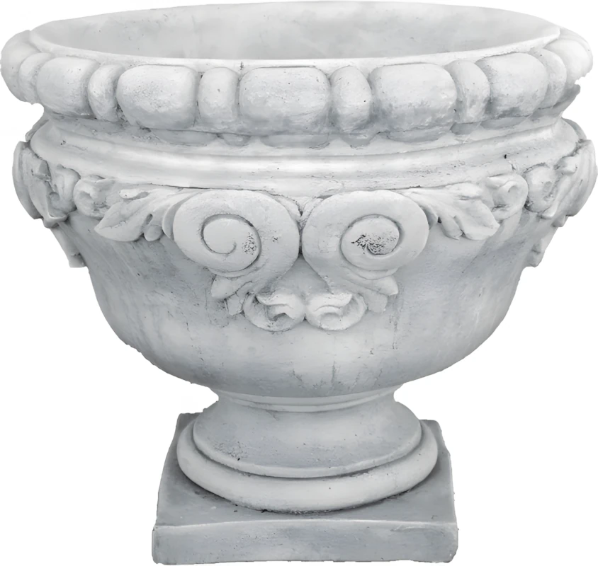2039 Copa clásica Roma de piedra artificial con relieve de volutas, borde moldurado y base cuadrada.