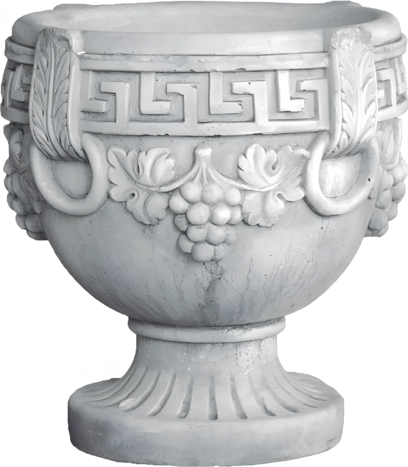 2042 Copa clásica Rioja de piedra artificial con relieve de racimos de uvas, greca griega y argollas.