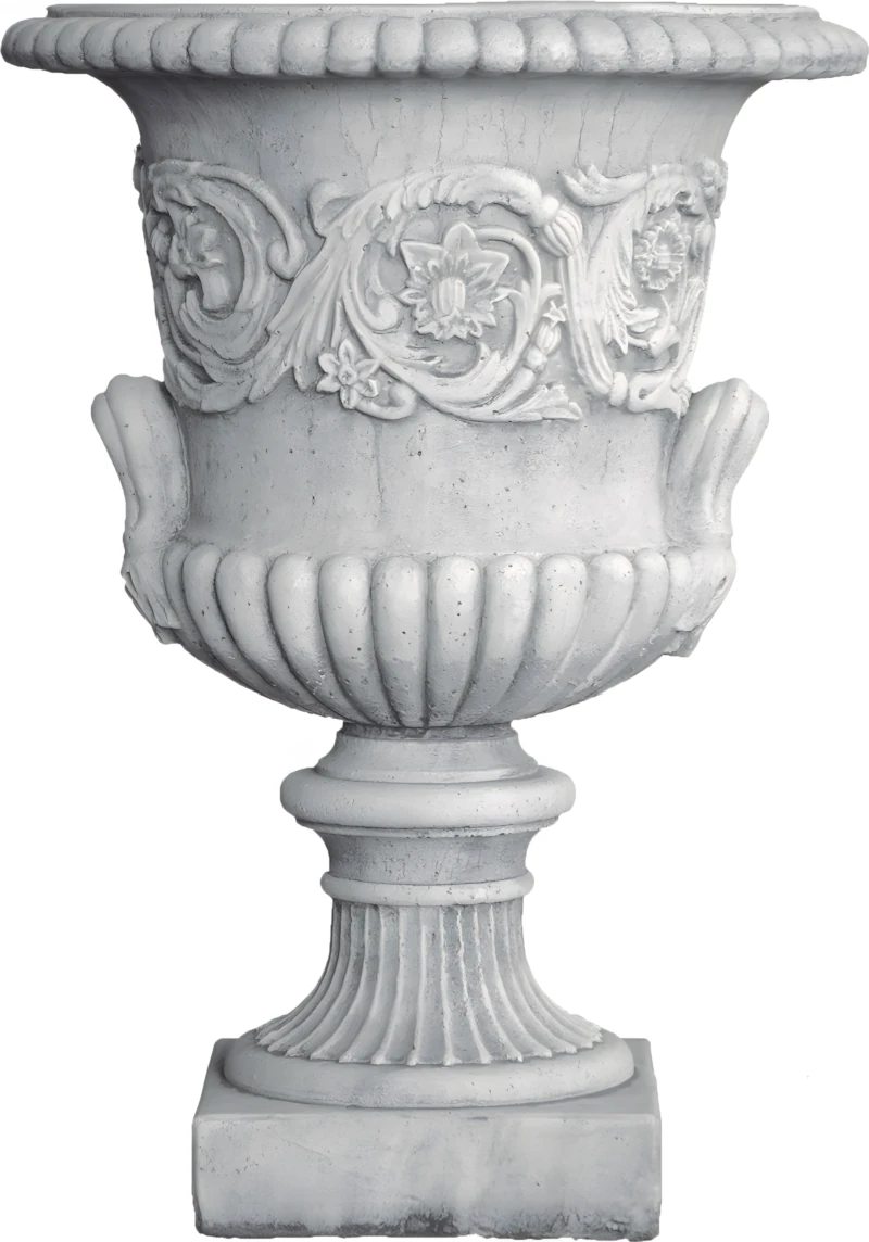 2070 Copa clásica León de piedra artificial con relieve de acanto, labio perlado y pedestal cuadrado.