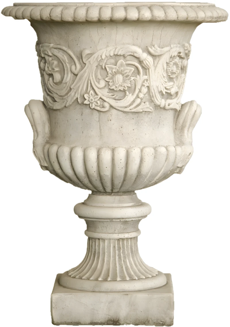 2070_1 Copa clásica León de piedra artificial con relieve de acanto, labio perlado y pedestal cuadrado.