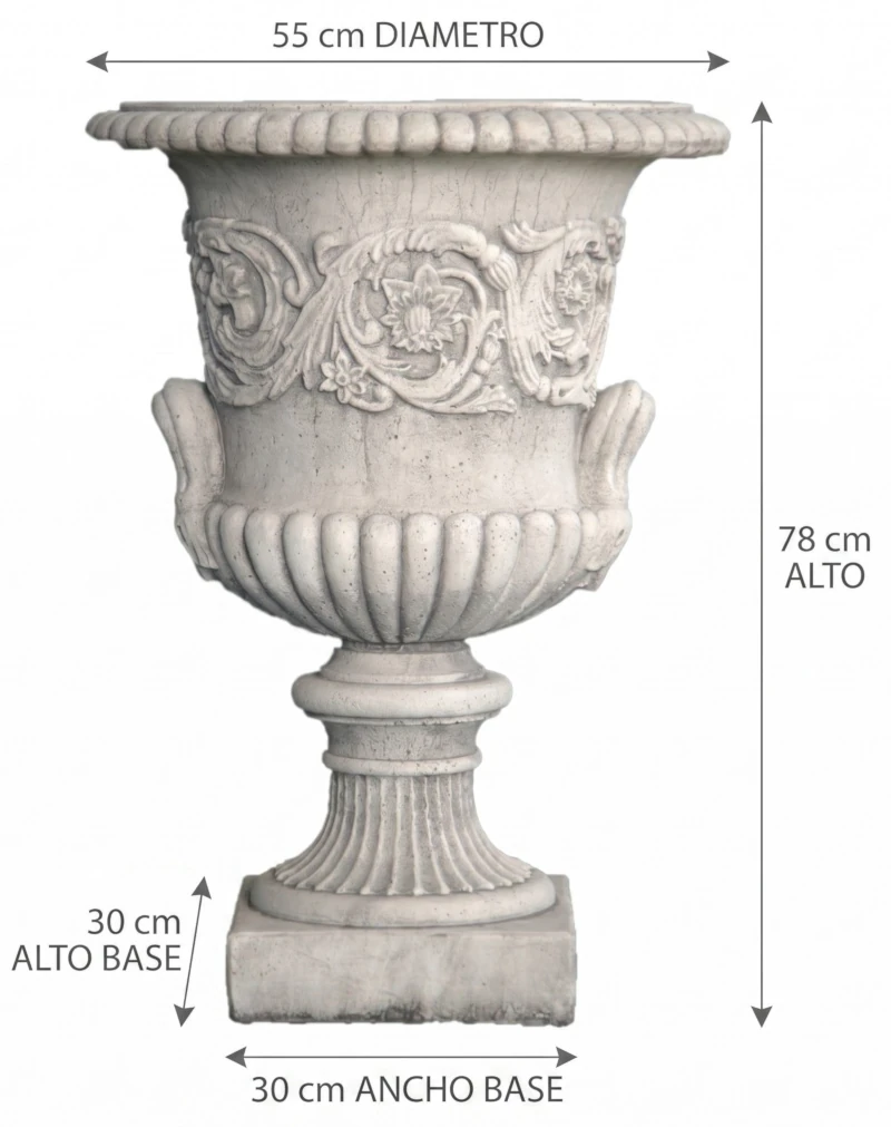 2070_2 Esquema técnico de la copa clásica León indicando el diámetro de 55 cm, la altura de 78 cm y la base de 30 x 30 cm.