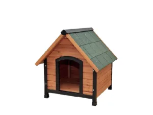 Caseta de perro de madera tratada para exterior, techo asfáltico verde y suelo elevado. Ideal para perro mediano. Medidas: 85 cm ancho x 75 cm fondo x 93 cm alto.