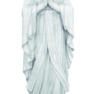 Estatua religiosa de la Virgen de Lourdes fabricada en piedra artificial con acabado envejecido resistente para exteriores.