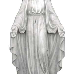 Estatua religiosa de la Virgen Milagrosa fabricada en piedra artificial con acabado envejecido para exteriores.