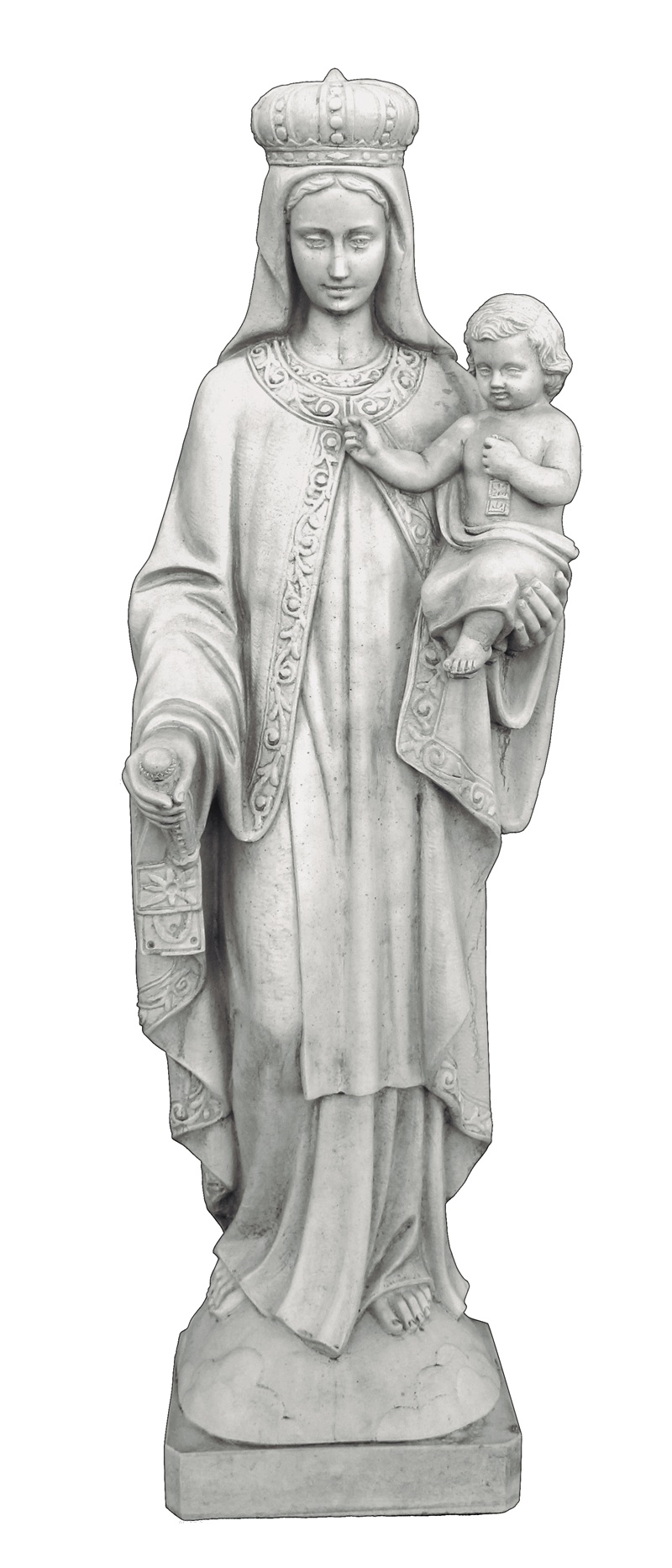 7344 Estatua religiosa de la Virgen del Carmen fabricada en piedra artificial con acabado envejecido para decoración en exteriores.