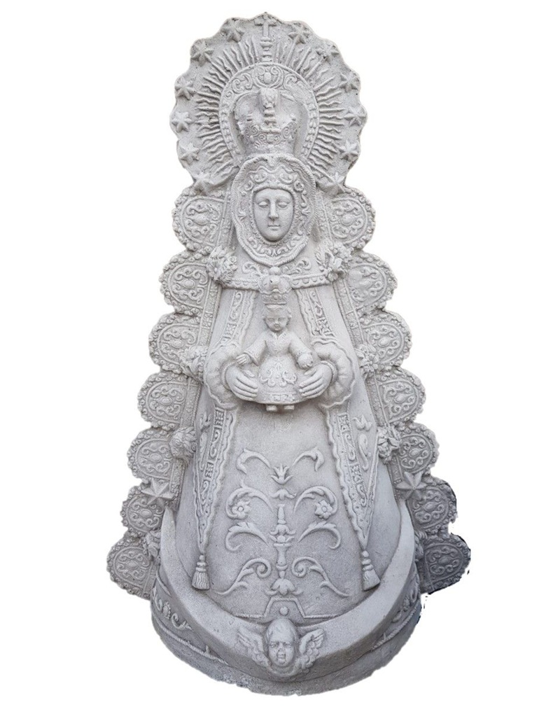 7347 Estatua religiosa de la Virgen del Rocío de 85 cm fabricada en piedra artificial con acabado envejecido para exteriores.