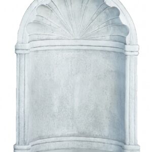 Hornacina decorativa con bóveda de concha fabricada en piedra artificial con acabado envejecido para albergar estatuas de exterior.