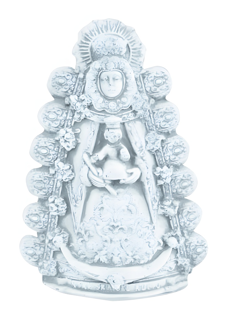 7353 Estatua de la Virgen del Rocío fabricada en piedra artificial con acabado envejecido.