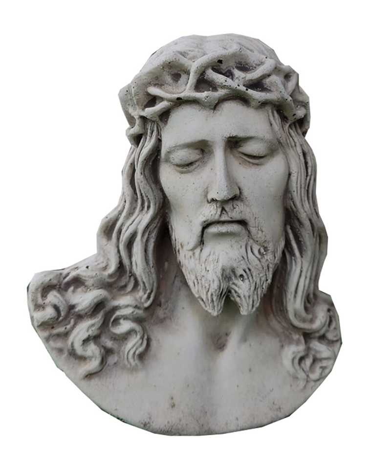 7400 Busto decorativo de Jesucristo con corona de espinas fabricado en piedra artificial con acabado envejecido para exteriores.