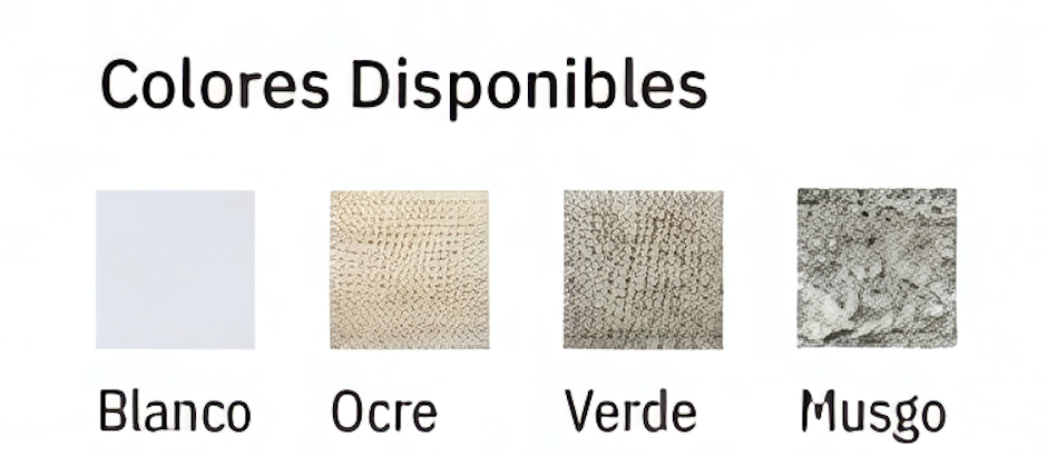 Colores blanco, ocre, verde y musgo Muestra de los colores Blanco, Ocre, Verde y Musgo.